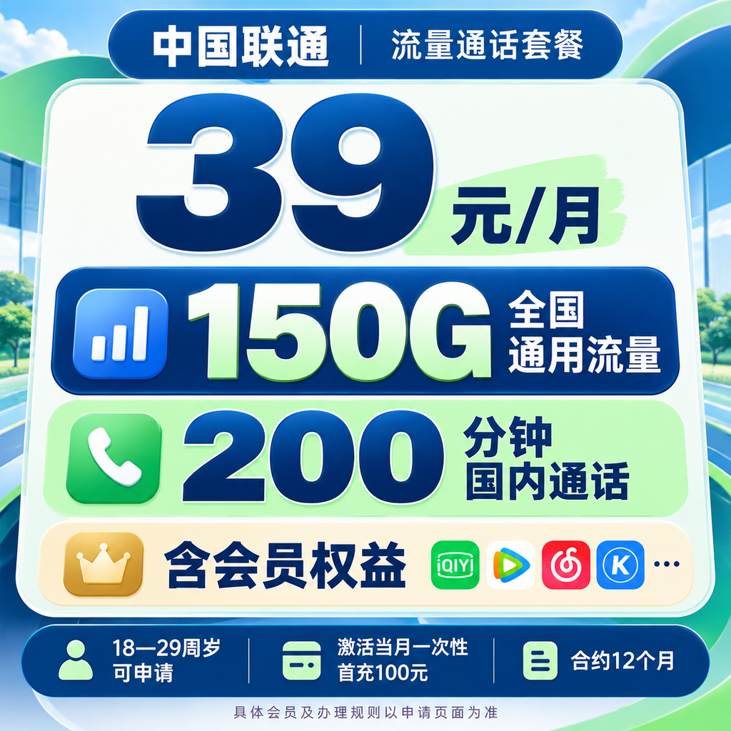 联通 XX 卡 39 元包 150G 通用+200 分钟+会员权益